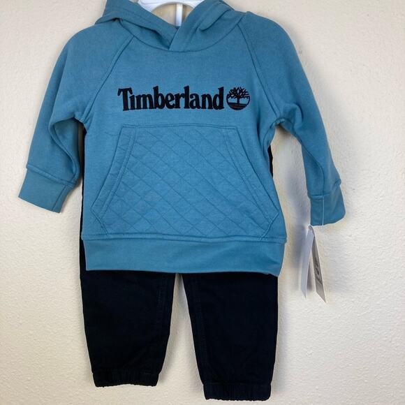Timberland Baby Fleece Hoodie & Denim Pants Set Teal & Black 12M Pockets - Picture 1 of 7